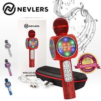 NEVLERS Karaoke Microphone with Wireless Bluetooth Speaker, Voice Changer and Colorful LED Lights, Easy To Use Portable Karaoke Machine for Kids and Adults - RED BLING