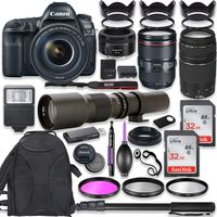 Canon EOS 5D Mark IV DSLR Camera w/ 24-105mm USM Lens Bundle + Canon EF 75-300mm III Lens, Canon 50mm f/1.8 and 500mm Preset Lens + Deluxe Backpack + 64GB Memory + Monopod + Professional Bundle