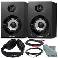 Alesis Elevate 4 40W 4" Two-Way Active Desktop Studio Speakers and Accessory Bundle w/Headphones, Cables, and Fibertique Cloth