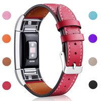 Hotodeal Replacement Leather Band Compatible for Charge 2, Classic Genuine Leather Wristband Metal Connector Watch Bands, Fitness Strap Women Men Small Large (Red- Silver Buckle)