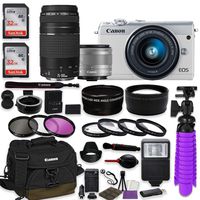 Canon EOS M100 Mirrorless Digital Camera (White) Bundle w/Canon EF-M 15-45mm is STM & EF 75-300mm f/4-5.6 III Lenses + Auto (EF/EF-S to EF-M) Mount Adapter + Canon Water Resistant Case + Accessories