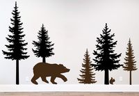 Pine Tree Branches Forest Bear Squirrel Winter Deer Silhouette Wall Decal Sticker Nature Woods Scene