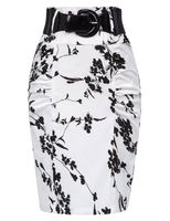 Belle Poque White Floral Pencil Skirts Women Knee Length Party Skirts M, Floral-5