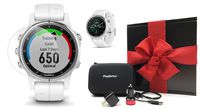 Garmin Fenix 5S Plus+ Sapphire (Carrera White) GPS Watch Gift Box Bundle | +Screen Protectors, PlayBetter USB Chargers & Protective Case | 2018 Model | Black Gift Box, Red Bow