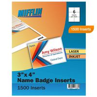 Mifflin Name Badge Inserts, 3"x4" or 4"x3" Badge Inserts (1500 Cardstock Refills, 250 Sheets), Compatible with Inkjet, Laser Printer, and Printable Badge Inserts
