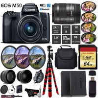 Canon EOS M50 Mirrorless Digital Camera with 15-45mm Lens + UV FLD CPL Filter Kit + 4 PC Macro Kit + Wide Angle & Telephoto Lens + Camera Case + Tripod + Card Reader - International Version Bundle