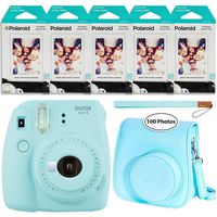 Fujifilm Instax Mini 9 Instant Camera (Ice Blue), Groovy Case and 5x Twin Pack Instant Film (100 Sheets) Bundle