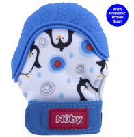 Nuby Soothing Teething Mitten with Hygienic Travel Bag, Blue Penguins, 1 Count