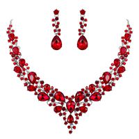 BriLove Wedding Bridal Necklace Earrings Jewelry Set for Women Austrian Crystal Teardrop Cluster Statement Necklace Dangle Earrings Set Ruby Color Silver-Tone