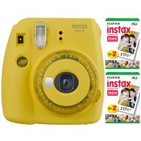 Fujifilm Instax Mini 9 Instant Camera (Yellow) with 2 x Instant Twin Film Pack (40 Exposures) Bundle