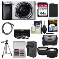 Sony Alpha A6000 Wi-Fi Digital Camera & 16-50mm Lens (Silver) with 64GB Card + Case + Battery/Charger + Tripod + Tele/Wide Lens Kit