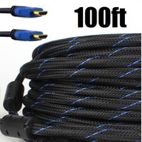 Premium Braided Nylon HDMI Cable Gold Series High Speed HDMI Cable with Ferrite Core for PS4, X-Box, HD-DVR, Digital/Satellite Cable HDTV 1080P Blue (100 Feet)
