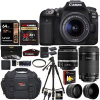 Canon EOS 90D DSLR Camera with 18-55mm and 55-250mm Lenses, Lexar 64GB U3 Video & Ritz Gear 32GB Memory Cards, Tripod, Filter Kit, Camera Bag, Card Reader Bundle