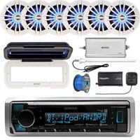 Kenwood KMRD375BT Marine Bluetooth Receiver, Single DIN Radio Cover, 6X Enrock 6.5" 2 Way 200 Watt LED Speakers (White), 1x Enrock 4-Channel Amplifier, SiriusXM Tuner, Radio Antenna, Speaker Wire