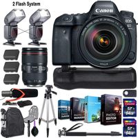 Canon EOS 6D Mark II DSLR Camera and Canon EF 24-105mm f/4L is II USM Lens + 2 Flash System with Deluxe Accessory Kit (4-Pack Photo/Video Editing Software, Pro Microphone w/Windshield and More)