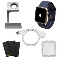 Apple Watch Series 1 Smartwatch Plus Charging Stand, Extra Charging Cable and Clear Fitted Protective Case (42mm, Rose Gold Aluminum Case, Midnight Blue Sport Band) (Renewed)
