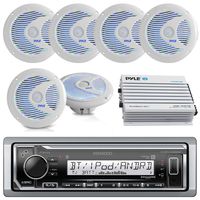 New Kenwood Waterproof KMRM315BT ATV Bike boat yacht digital USB AUX radio stereo w/Bluetooth, Pyle 6 x 6.5 inch LED color light marine waterproof speakers, 500 watt bluetooth Enrock amplifier kit (white)