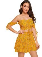 Floerns Women's Two Piece Outfit Off Shoulder Drawstring Crop Top and Skirt Set Yellow-Floral L