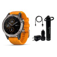 Garmin Fenix 5 Plus Premium Multisport GPS Watch with Maps, Music and Contactless Payments and Wearable4U Ultimate Power Pack Bundle (Sapphire/Titanium with Orange Band)