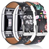 Tobfit 2 Pack Leather Bands Compatible with Fitbit Charge 2 Bands for Women Men, Soft Genuine Leather Accessories Replacement Wristband (Floral Red & Floral Gray, 5.5''-8.1'')