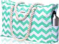 Beach Bag XXL. 100% Waterproof (IP64). L22 xH15 xW6 w Cotton Rope Handles, Top Zipper, Extra Outside Pocket. Turquoise Beach Tote Includes Waterproof Phone Case, Built-in Key Holder, Bottle Opener