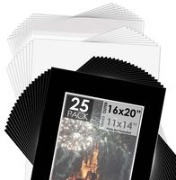 Mat Board Center, Acid-Free Pre-Cut 16x20 Black Picture Mat Set. Includes a Pack of 25 White Core Bevel Cut Mattes for 11x14 Photos, Backers & Clear Bags