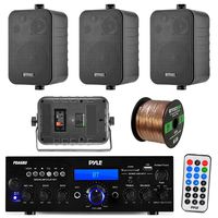 Pyle PDA6BU 200-Watt 2-Channel Digital USB/AUX FM Radio Stereo Amplifier Receiver, Bundle Combo with 4X Enrock EKMR408B 4" Inch 200-Watt 3-Way Black Box Speakers, 50 Feet 18-Gauge Speaker Wire