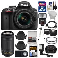 Nikon D3400 Digital SLR Camera & 18-55mm VR & 70-300mm DX AF-P Lenses with 32GB Card + Case + Flash + Video Light + Tripod + Tele/Wide Lens Kit