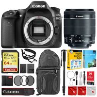 Canon 80D Digital SLR Camera Body with 18-55mm f/3.5-5.6 is STM Lens + Travel Backpack + Monopod Stabilizer + 64GB Sandisk Extreme SD Card + Video Production Software Bundle