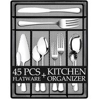 Teivio 45 Piece Silverware Set, Flatware Utensils Set Mirror Polished, Dishwasher Safe Service for 8, Include Knife/Fork/Spoon/Wire Mesh Steel Cutlery Holder Storage Trays (Silver)