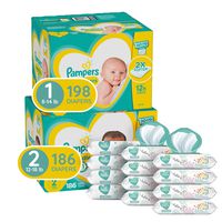 Pampers Baby Diapers and Wipes Starter Kit (2 Month Supply) - Swaddlers Disposable Baby Diapers Sizes 1 (198 Count) & 2, (186 Count) with Pampers Sensitive Water-Based Baby Wipes, 864 Count