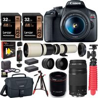 Canon EOS Rebel T7 DSLR Camera Double Zoom Kit (Successor to EOS Rebel T6), EF 75-300mm f/4-5.6, 500mm Preset f/8 Telephoto Lens (White), 0.43x Wide Angle, 2.2X Pro Lenses, Tripod, Lexar 64GB Bundle