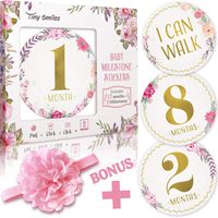 Baby Monthly Milestone Stickers (Free Headband) 20 Premium Floral Metallic Gold Stickers for First Year - 0 to 12 Month Onesie Belly Stickers - Best Baby Shower Gift or Scrapbook Photo Keepsake