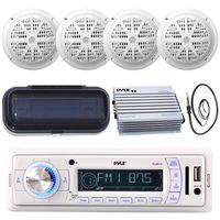 Enrock Pyle PLMR18 200-Watt Marine AM FM SD USB Aux Remote Radio Receiver, and 4 x Pyle PLMR61W 120 Watts 6.5'' Dual Cone Speakers (White), Radio Shield, Antenna,Pyle 4-Channel Waterproof Amplifier