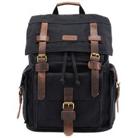 Kattee Men's Canvas Leather Hiking Travel Backpack, Black