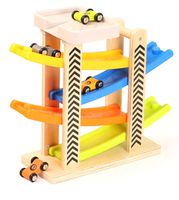 TOWO Wooden Car Park Zig Zag Car Slide-with 4 Wooden Cars & Roof Top Car Park Playsets-Click clack Track Wooden Car Toys for Toddlers -Racing Car Ramp Toys for Kids Boys Girls 1 2 3 4