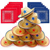 Dozen Straw Cowboy Hats with Cowboy Bandanas (6 Red & 6 Blue) for Kids - Makes Great Birthday Party Hats for Boys and Girls