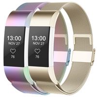 CCnutri Compatible with Fitbit Charge 2 Bands, Stainless Steel Loop Metal Mesh Bracelet for Fitbit Charge 2 Replacement Wristbands for Women Men, Small Champagnegold+Colorful,2 Pack