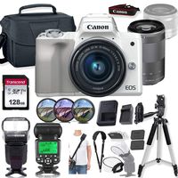 Canon EOS M50 Mirrorless Digital Camera (White) and 15-45mm & 55-200mm Lens w/High Speed Flashlight + Prime Accessory Bundle