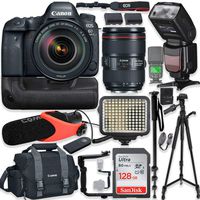 Canon EOS 6D Mark II DSLR Camera w/Canon 24-105mm USM Lens Kit + Pro Photo & Video Accessories Including 128GB Memory, Speedlight TTL Flash, Battery Grip, LED Light, Micorphone, 60" Tripod & More