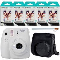 Fujifilm Instax Mini 9 Instant Camera (Smokey White), Groovy Case and 5X Twin Pack Instant Film (100 Sheets) Bundle