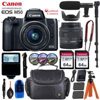 Canon EOS M50 Mirrorless Digital Camera - Black w/15-45mm Lens + Pro Accessory Bundle (Including Digital Flash, Sturdy Equipment Carrying Case, 2X 64GB Transcend Memory Cards and More.)