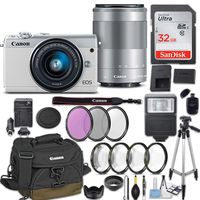 Canon EOS M100 Mirrorless Digital Camera w/EF-M 15-45mm f/3.5-6.3 & EF-M 55-200mm f/4.5-6.3 is STM Bundle White + Canon Gadget Bag + 32GB Memory + Professional Accessories - Filters, Macros & More.