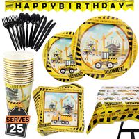 177 Piece Construction Party Supplies Set Including Plates, Cups, Napkins, Spoons, Forks, Knives, Tablecloth and Banner, Serves 25
