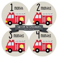Baby Monthly Stickers - Monthly Milestone Stickers - Baby Month Stickers for Boy - Fire Engine Truck
