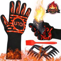 UTOI BBQ Grill Accessories Kit, 1472°F Heat Resistant BBQ Gloves/Oven Mitts & Meat Shredder Claws & Silicone Sauce Basting Brush for Safe Grilling, Baking, Indoor & Outdoor Cooking