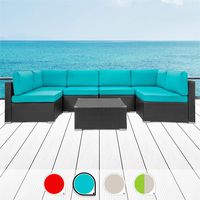 Walsunny 7pcs Patio Outdoor Furniture Sets,Low Back All-Weather Rattan Sectional Sofa with Tea Table&Washable Couch Cushions (Black Rattan (Blue)