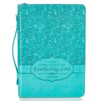 Christian Art Gifts Turquoise Faux Leather Bible Cover for Women | Everlasting Love - Jeremiah 31:3 | Zippered Bible Case Book Cover w/Handle