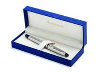 Waterman Expert Fountain Pen, Stainless Steel with Chrome Trim, Medium Nib with Blue Ink Cartridge, Gift Box
