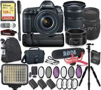 Canon EOS 5D Mark IV DSLR Camera with 24-105mm Lens, 50mm f/1.8 Lens & Sigma 70-300mm Lens + 128GB Sandisk Extreme Memory + Video LED Light + Rode Microphone + 60" Portable Tripod + Professional Kit